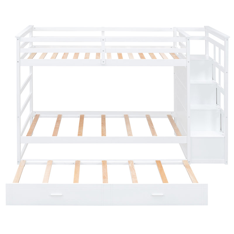 Lit simple au-dessus d'un lit superposé blanc avec pin massif et lit gigogne - Rangement spacieux de style chambre à coucher moderne