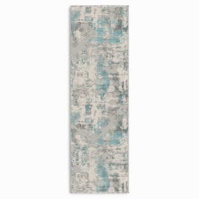 Ethnic Turquoise Grey Chenille Rug Carpet Runner Non-Slip Washable Self-Fringed Kitchen Hallway Living Room