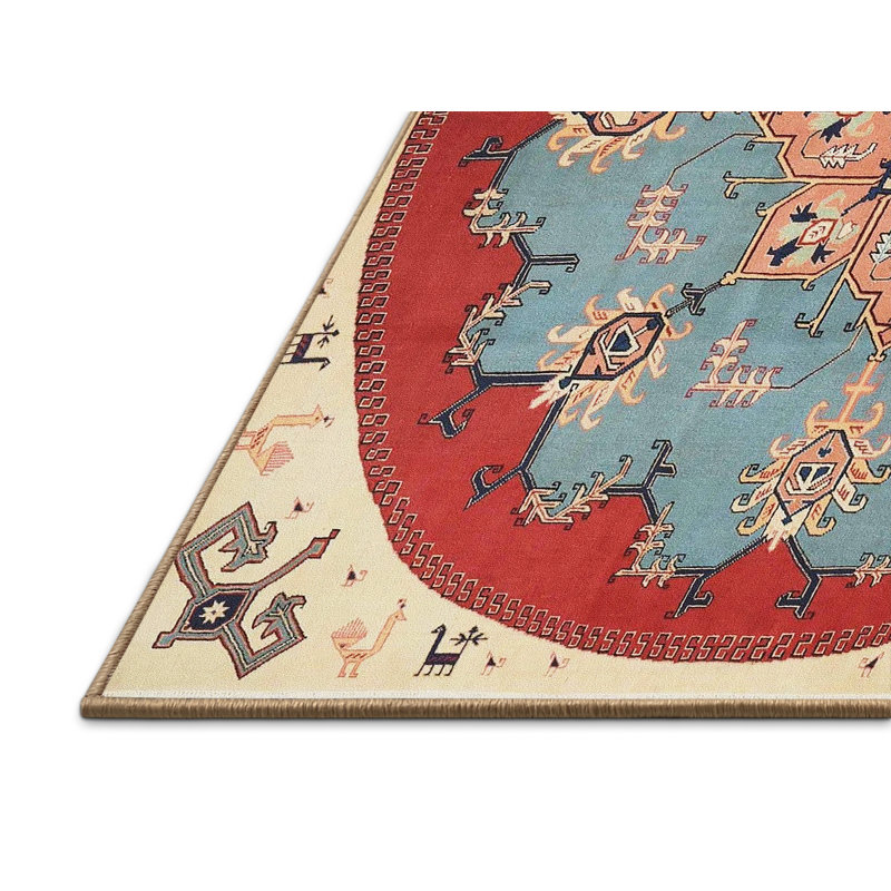 Tapis traditionnel rouge / bleu / beige Freja, Rectangle 2 pi x 3 pi