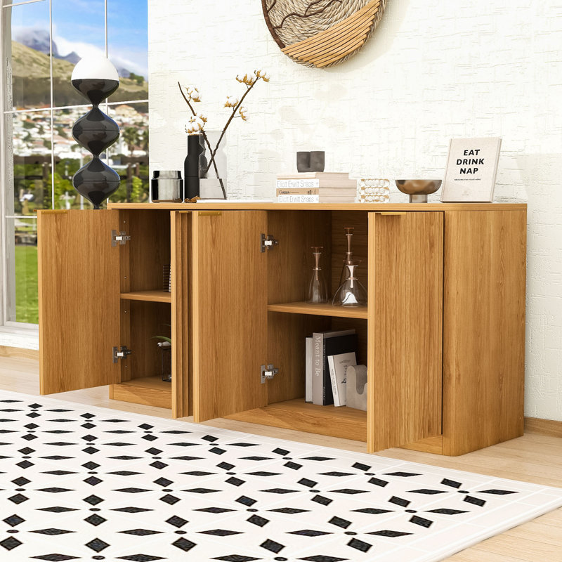 Modern Wave Design Sideboard Buffet Cabinet with 4-Door Hidden Storage, Natural