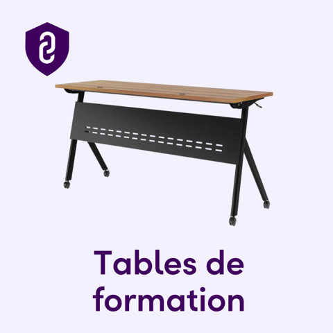 Table de formation avec dessus en bois et base en métal noir sur roulettes.