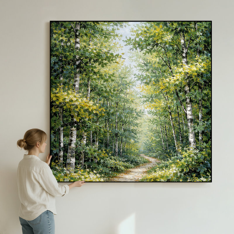 Très grand art mural imprimé sur un sentier forestier ensoleillé entouré de bouleaux verts luxuriants pour le salon ou la chambre à coucher - «Assemblage requis du cadre (cadre non fini)»