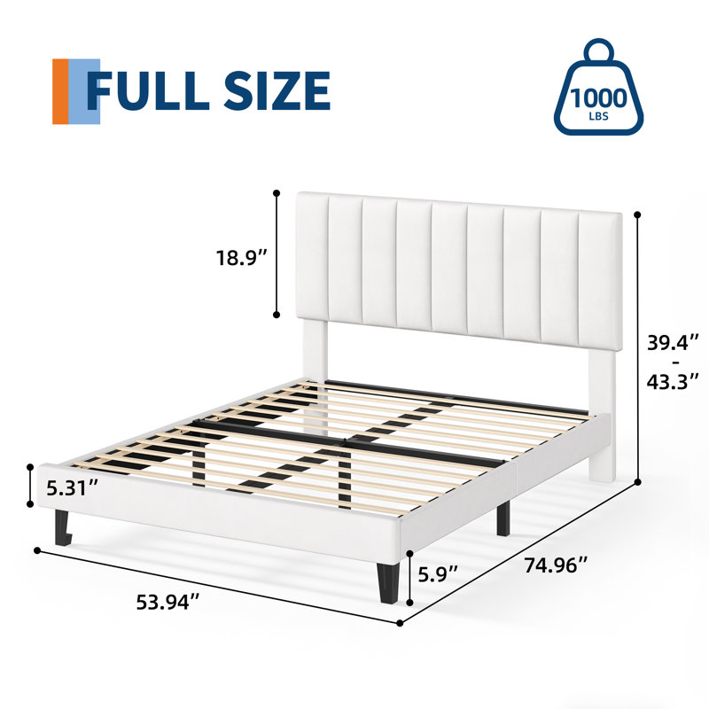 Full Size Bed Frame, Velvet Upholstered Platform Bed with Adjustable Tufted Headboard, No Box Spring Needed, Easy Assembly, White