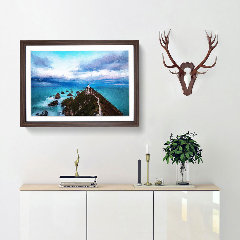 Lighthouse & Seascape New Zealand - Picture Frame Painting Print, 48cm H x 65cm W x 2cm D, Walnut Framed