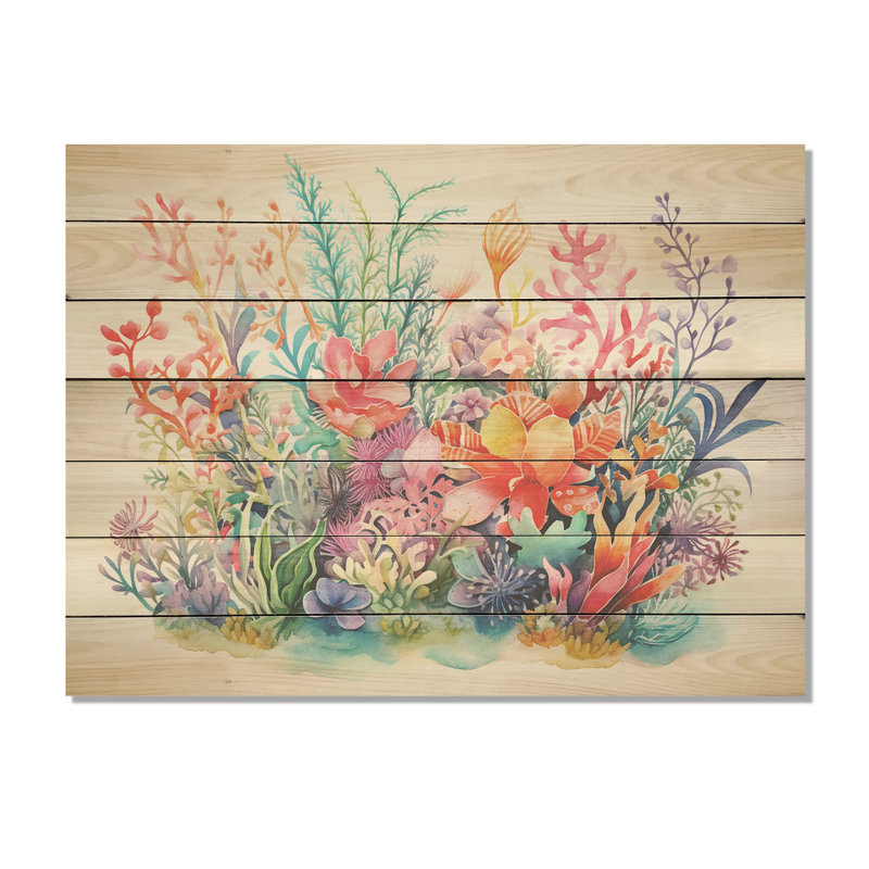 Coastal corail dans l'aquarelle IV - corail côtier sous l'eau sur bois, H 24 po x l 32 po x P 0,78 po