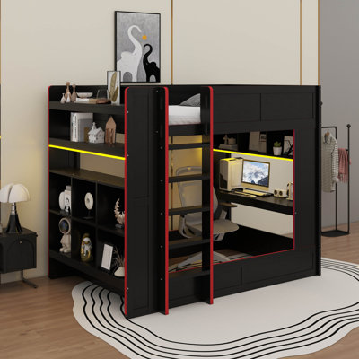 Lit superposé double pleine grandeur avec bureau, tablettes de rangement, DEL et station de charge