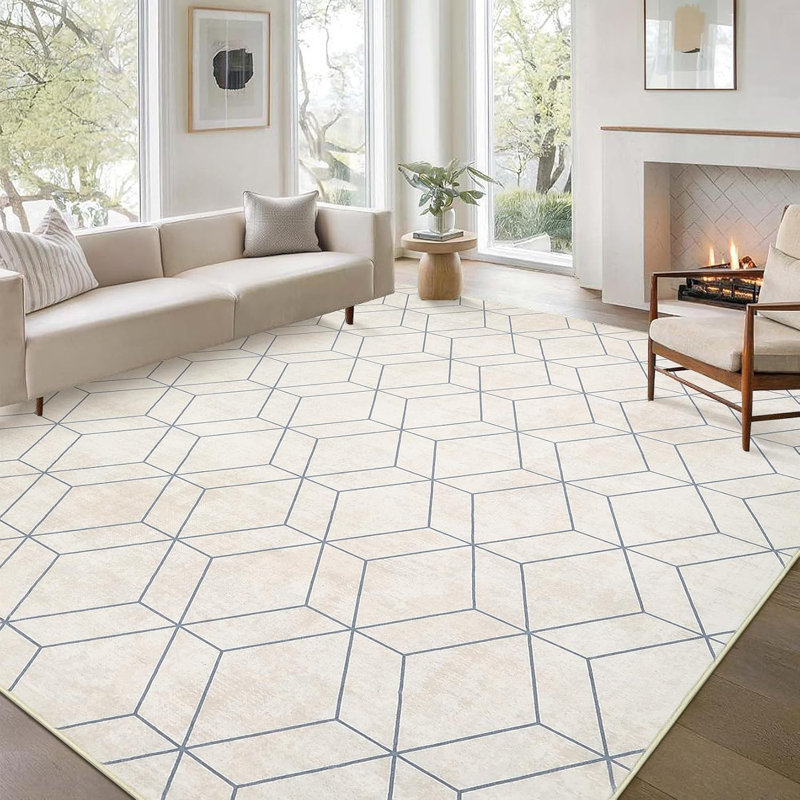Tapis géométrique lavable 9 x 12, tapis antidérapant doux pour le salon, la salle à manger, la chambre de bébé, beige