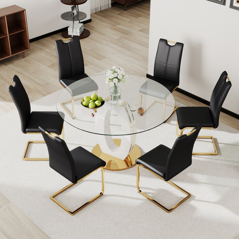 Ensemble de table de salle à manger haute brillance pour 4 à 6 personnes, 7, Noir et or, Blanc / Doré