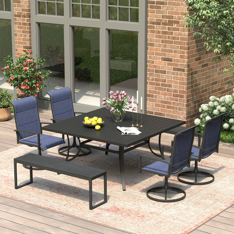59" Patio Dining Table Set with 4 Padded Swivel PVC-Coated Polyester Chairs & 2 Benches, Black/Blue