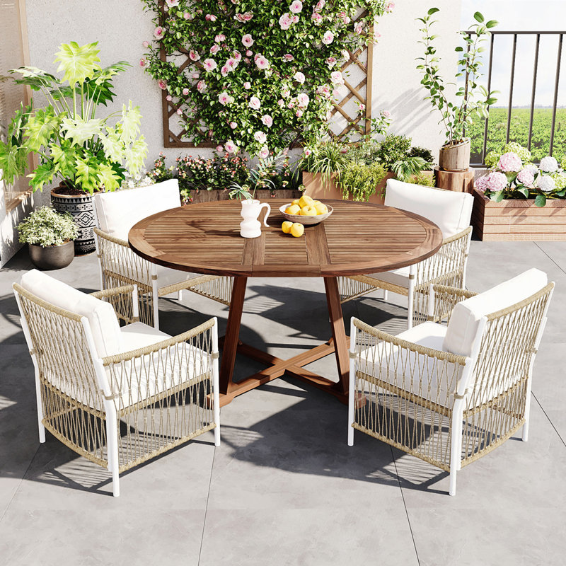 Shiloh Patio 5-Piece Extendable Acacia Wood & PE Wicker Dining Set with Cushions
