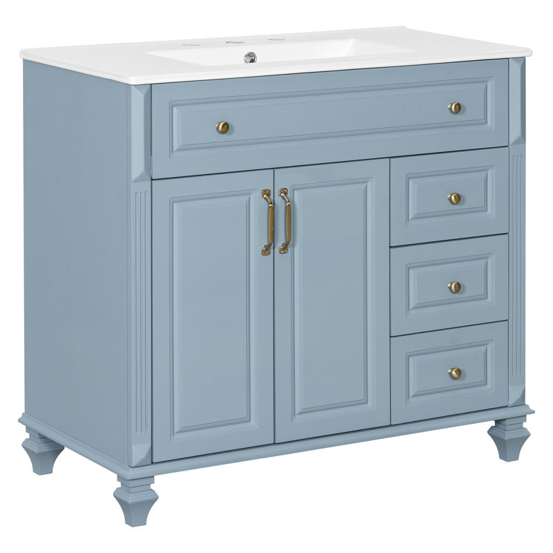 36" Bathroom Vanity With Sink, Blue/Gold