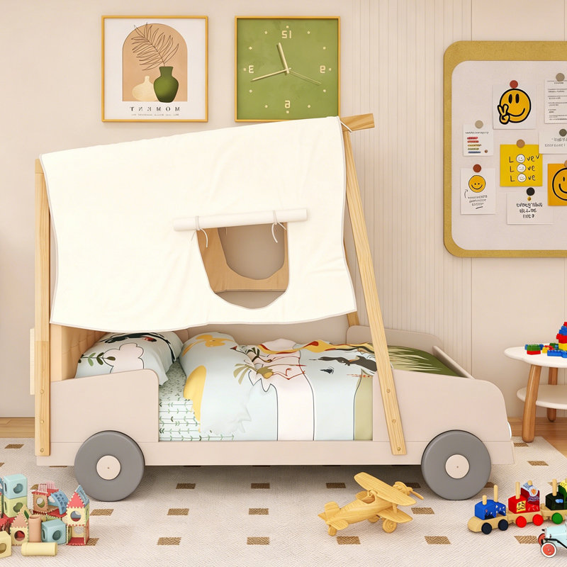 Lit de voiture double avec cadre en bois, coussin de plafond, Lit double