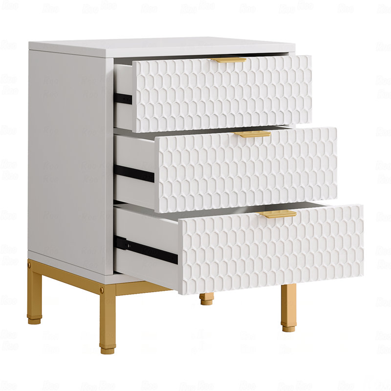 3-Drawer Bedroom Nightstand, 19.7" Modern And Gold, 25.8" Tall Bedside Nightstand Table With Ample Storage, Hexagon Pattern Side Table For Bedroom Or Living Room, Elegant Design Bedroom End Table Nightstand With Metal Base