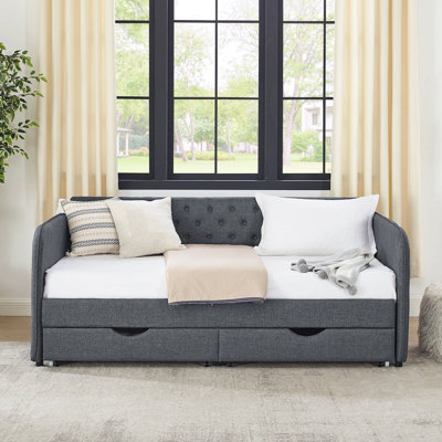 Lit de jour simple rembourré avec lit gigogne et deux tiroirs de rangement, accoudoirs plats avec poche, lit de jour extensible pour le salon de la chambre à coucher, lin