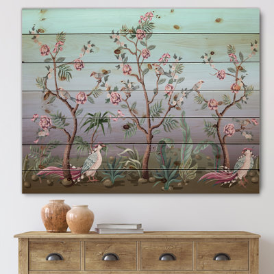 Chinoiserie avec oiseaux et pivoines II - impression traditionnelle sur bois de pin naturel