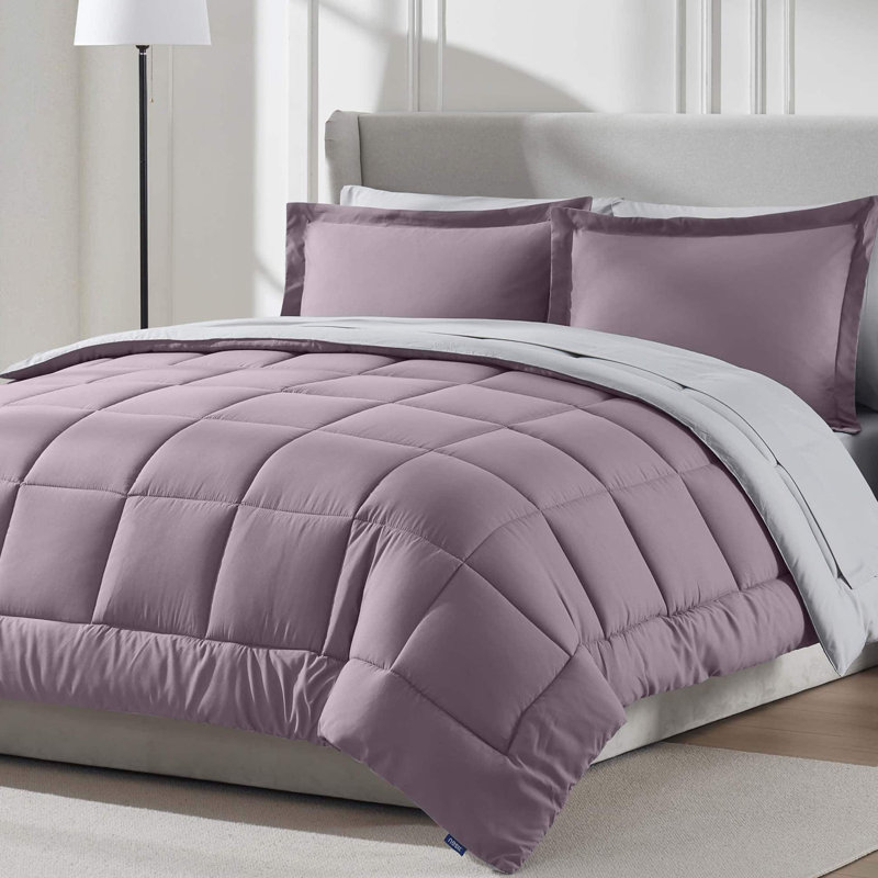 Bed-in-A-Bag Reversible Comforter Set with Bed Sheets & Down Alternative Pillows, Dusty Purple