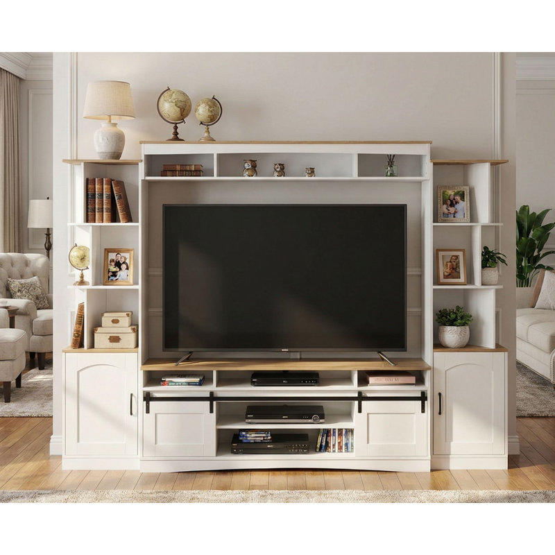 Farmhouse TV Stand and Wall Entertainment Center with Sliding Barn Doors, Adjustable Storage Shelves, Open Display Towers & Cable Management for TVs up to 75"