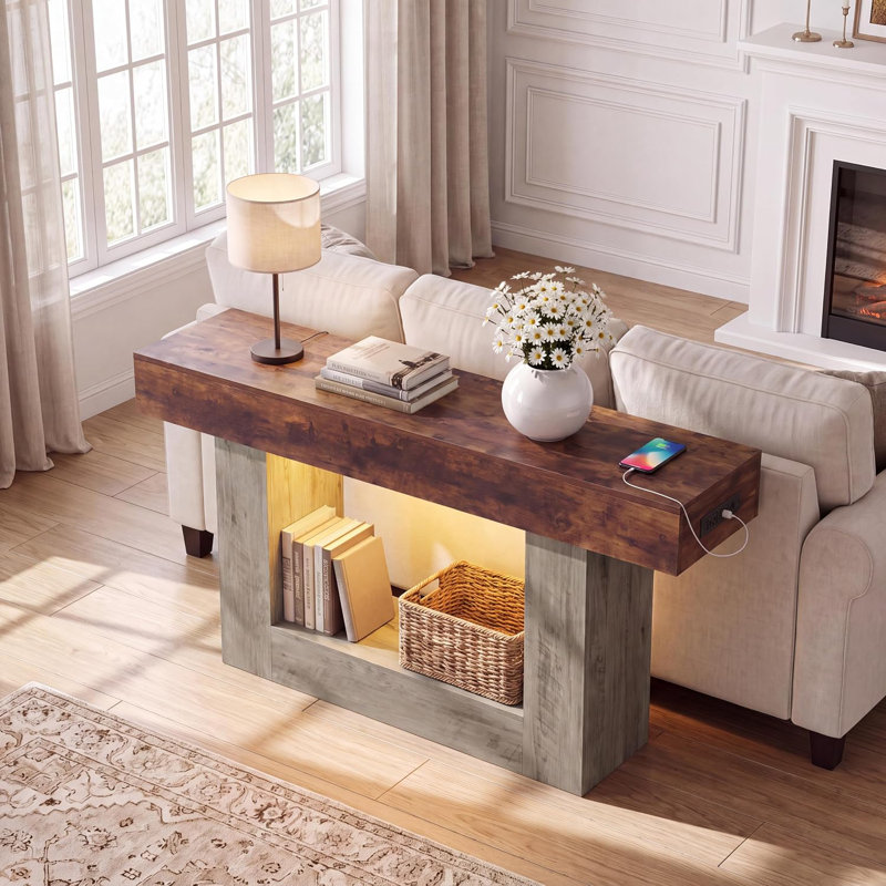Console moderne avec éclairage à DEL intégré et prise de courant - Table d'entrée de 55,1 po pour le salon, le couloir