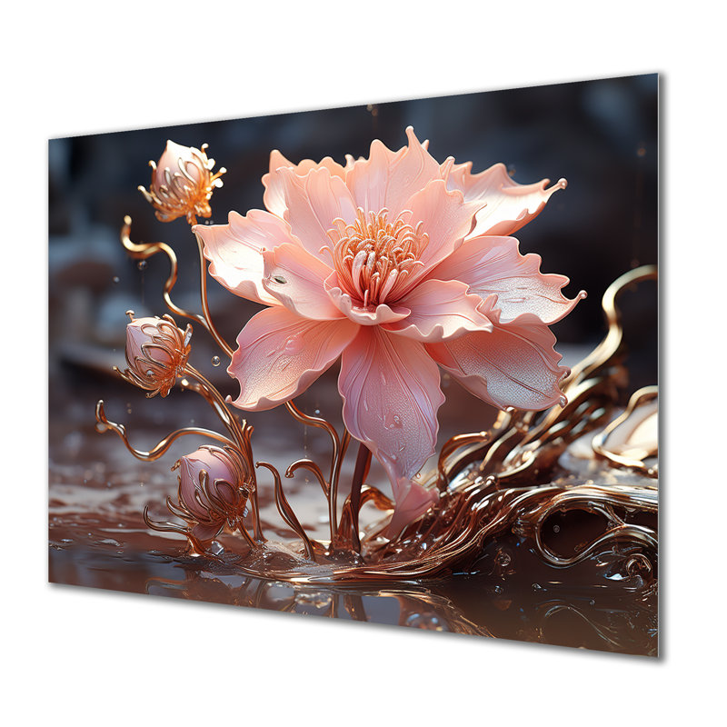 Option 1 rose rose feuilles dorées glamour - art mural rose, Métal métal, H 12 po x l 20 po x P 1 po