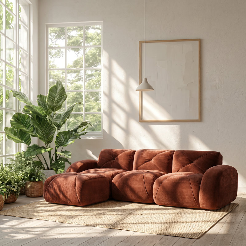 Aurelia 111" W x 43" D x 33" H Tufted Velvet Modular Sectional with Movable Ottoman, Orange, 29.9" H x 110.6" W x 67.3" D