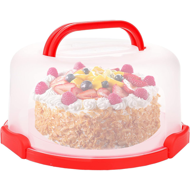 Cake Carrier with Collapsible Handle - Plastic Red Cake Container and Holder with Lid