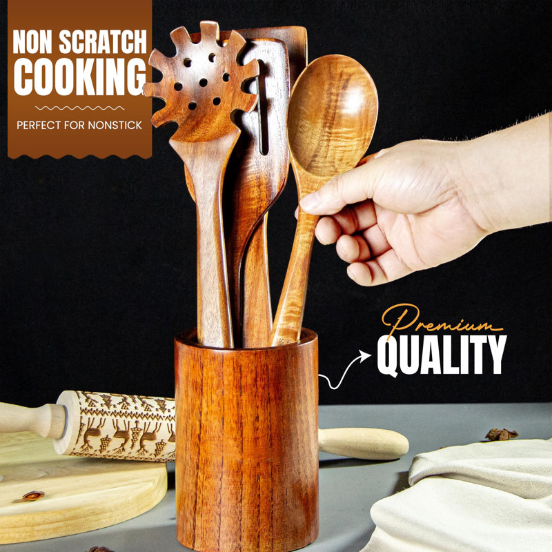 Natural Teak and Bamboo 9-Piece Wooden Cooking Utensil Set with Holder