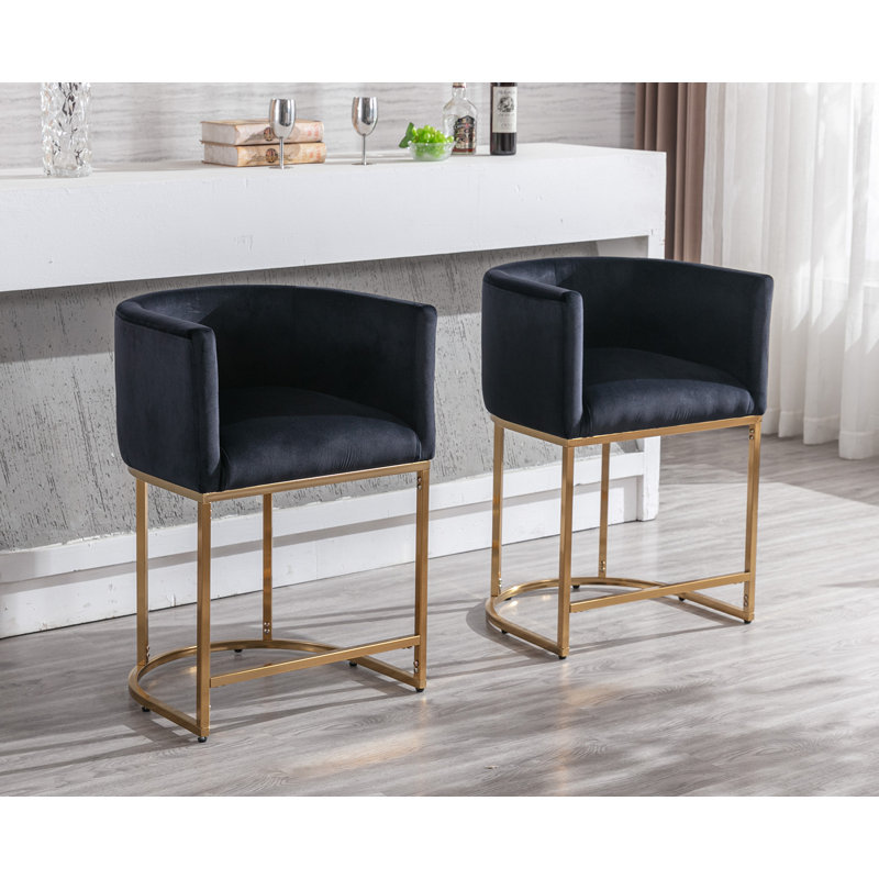Shalon Modern Bar Stools Upholstered Fabric Counter Height Barstools Kitchen Counter Island Stools, Black Velvet/Gold Frame