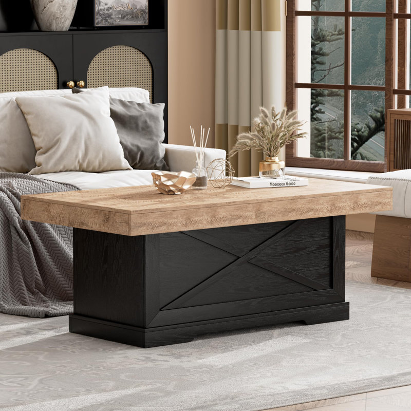 39 inch Rectangle Rustic Cocktail Table, Dark Oak Top/Black Base