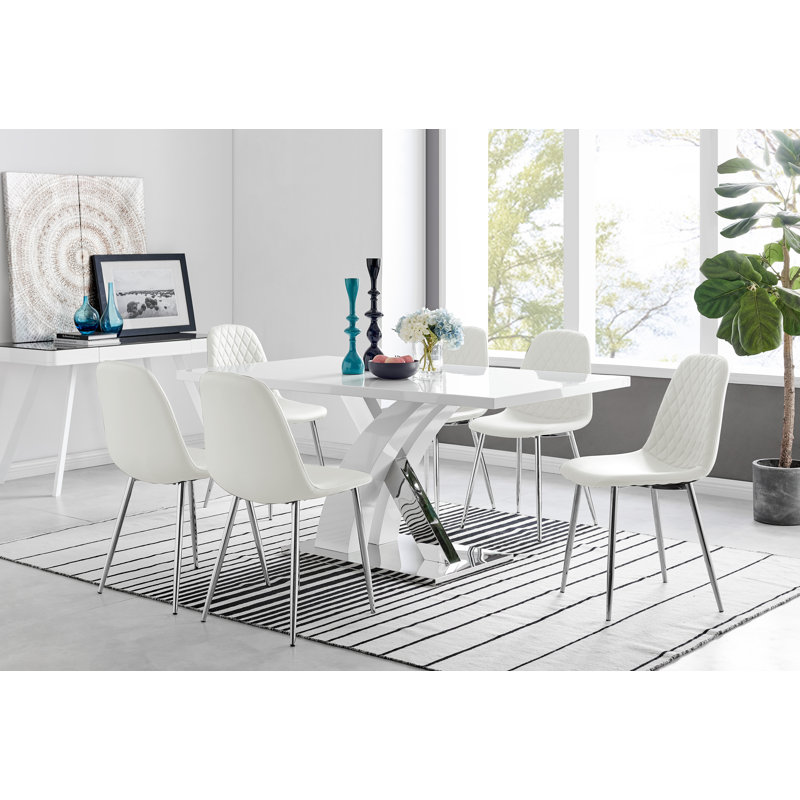 Ensemble de table de salle à manger Edzard en chrome et blanc ultrabrillant avec 6 chaises de luxe en similicuir, Blanc