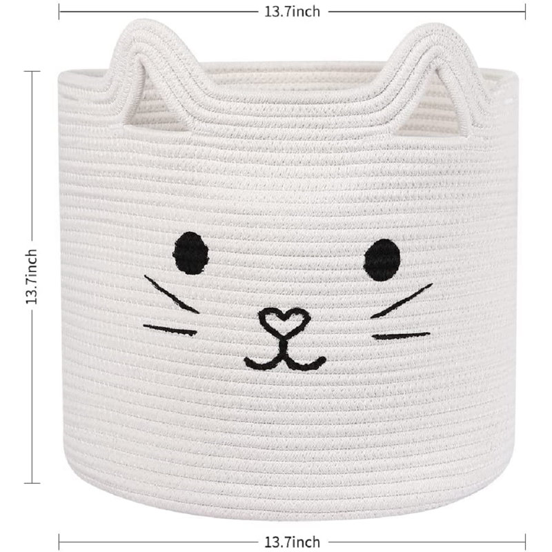 Woven Laundry Basket with Handle White Cute Kitten
