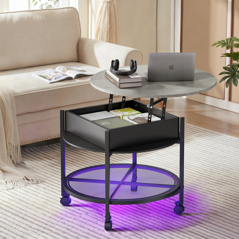 Lift Top Round Coffee Table with RGB LED Lights, Rolling Storage Table with Lockable Casters for Living Room, Gray
