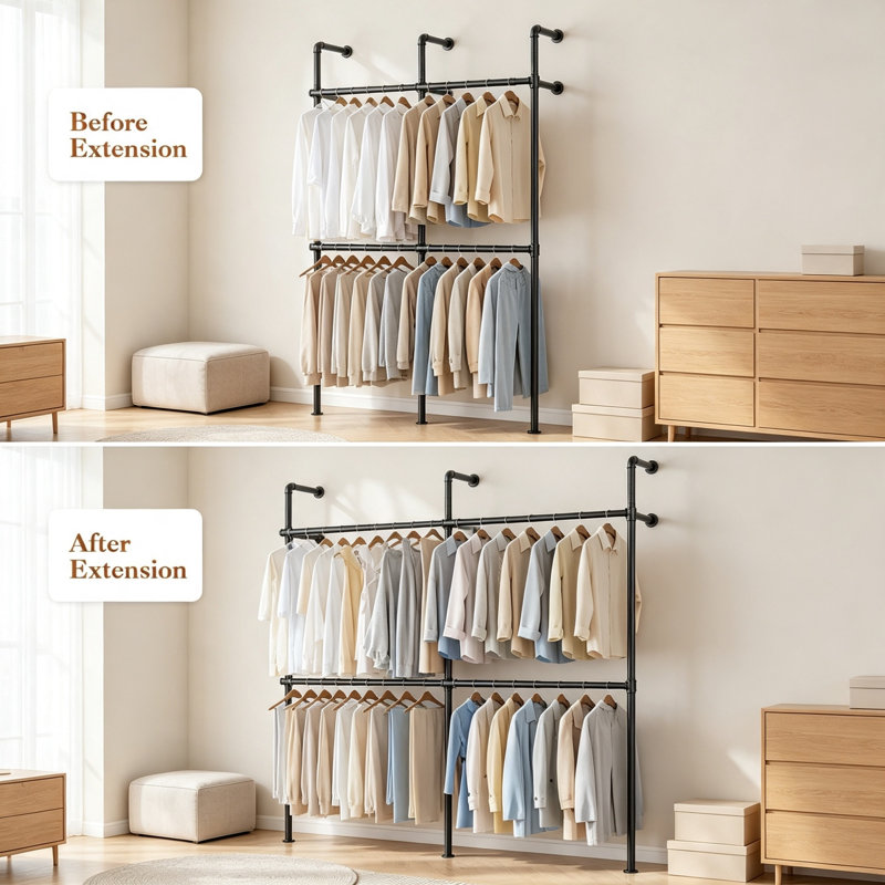 Industrial Telescopic Wall Mount Clothes Rack, Extendable Adjustable Garment Hanging Rail, Metal Storage Clothes Rod Extends to 219cm for Bedroom & Wardrobe