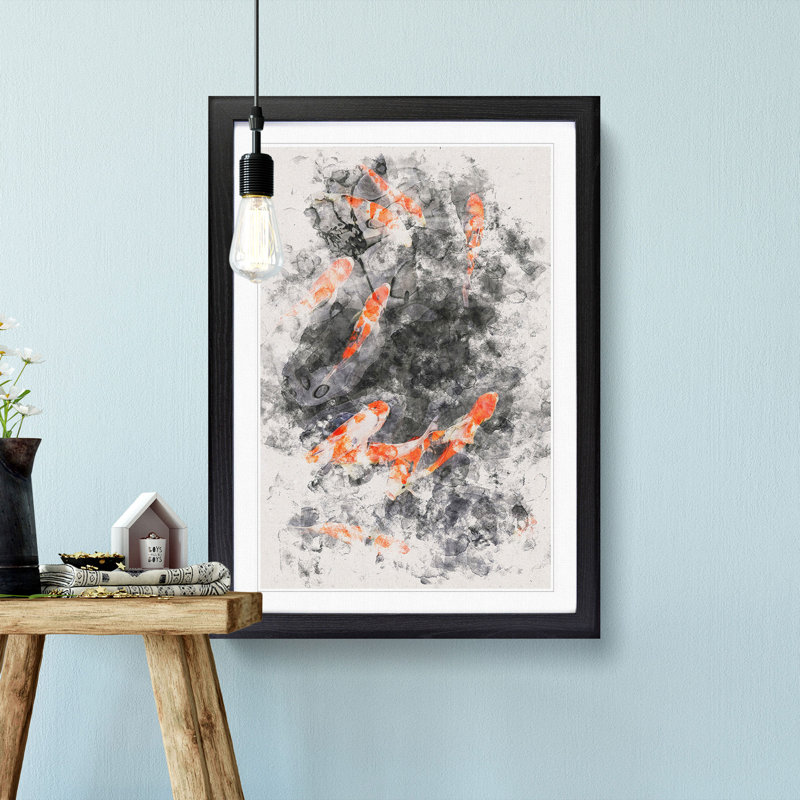 Carp and Koi Fish - Picture Frame Painting Print, 33cm H x 24cm W x 2cm D, Black Framed