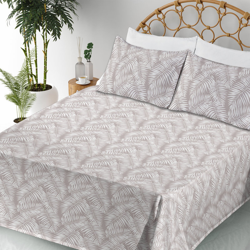 Microfiber Sheet Set, Full Sheet Set with 2 Pillowcases, Light Warm Taupe/White Floral