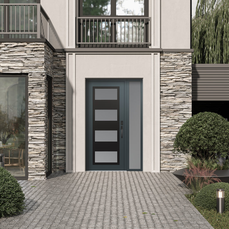 Porte d'entrée avant pré-montée à panneau latéral en acier noir anthracite / anthracite, L 49,25 po x H 81,69 po