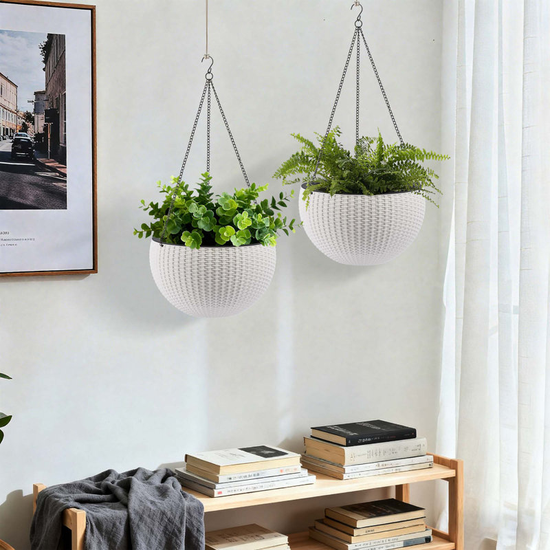 13.4 Inch Self-Watering Hanging Rattan-Inspired Planter Large Capacity, Root-Rot Resistant Water Storage With Water Level Indicator, Dual-Use For Indoor & Balcony Decoration (Pack Of 2, White)