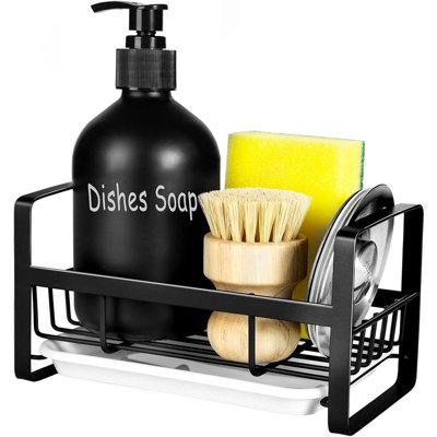 Sponge Holder For Kitchen Sink- Stainless Steel Kitchen Sink Caddy For Organizing Sponge, Brush & Soap Dish Dispenser, Coutertop Organizer Rack With Adhesive Or Counter Top, Black