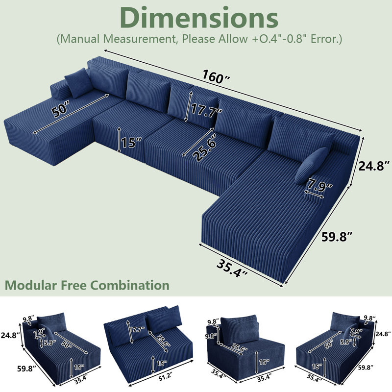 Canapé modulaire en forme de U de 160 po pour salon Canapé modulaire surdimensionné sans os, Bleu