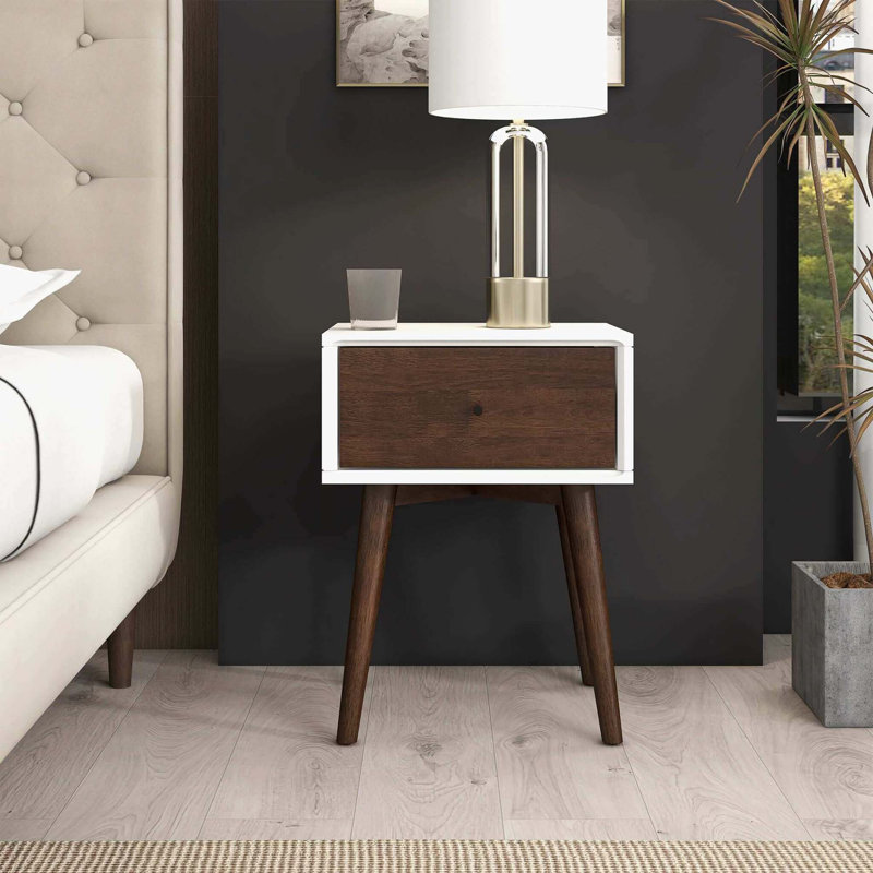 Table de chevet en bois massif avec un tiroir, Blanc / Brun foncé