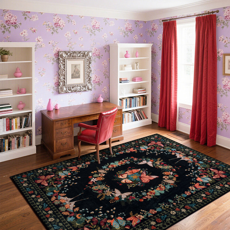 Butterfly 8x10 Rug, Modern Low Pile Carpet for Bedroom Dining Room, Black Area Rugs for Living Room, Tumble Rug for High Traffic Area, Washable Area Rugs Home Decor Use, Non Slip