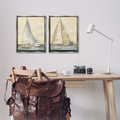 Sailboat Crew At Sea 2 PC Framed Floater Canvas Set by Michael Willett