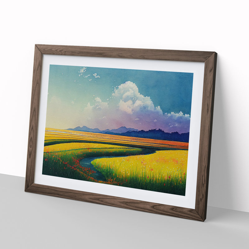 Spring Meadow Landscape View - Framed Print, 34cm H x 46cm W x 2cm D, Walnut