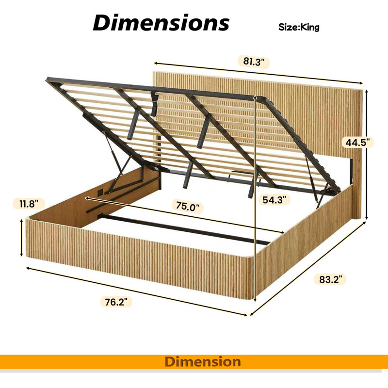 Structure de lit très grand avec rangement relevable, lignes courbes en bois ondulé, rangement hydraulique / aucun sommier requis