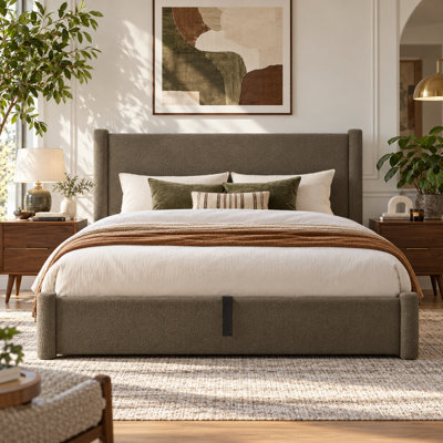 Braya Luxury Boucle Hydraulic Lift Up Storage Upholstered Platform Bed With Rounded Bolster Design