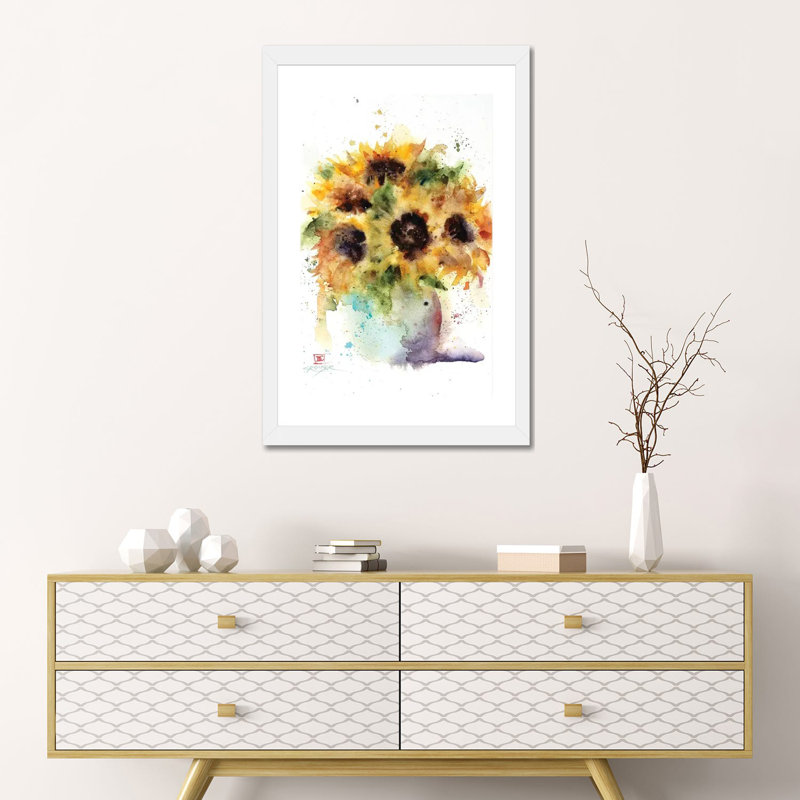 "Tournesol vase" par Dean Crouser, reproduction d’art, H 24 po x l 16 po x P 1 po, Papier encadré blanc, Blanc
