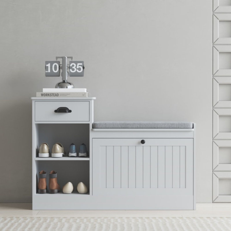  Shoe Storage Bench, Modern Wooden Shoe Cabinet With Flip Drawer And Adjustable Shelf,Pebble Grey, Pebble Gray