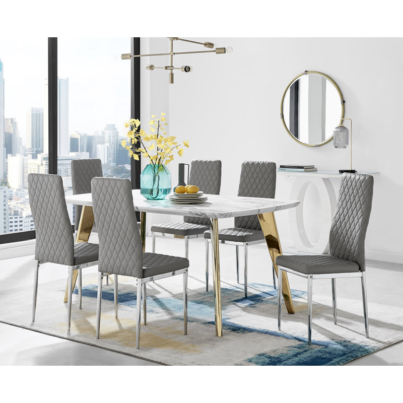 Anders Modern Veneer Marble Effect Dining Table Set with 6 Quilted Faux Leather Dining Chairs, Gold, Cappuccino/Gold