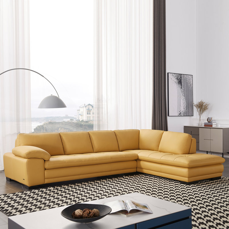 126" Wide Leather Match Sofa & Chaise, Right Hand Facing, Yellow Leather