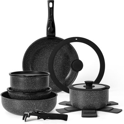 15-Piece Granite Nonstick Pots and Pans Set, Detachable Handles & Glass Lids, Induction Compatible