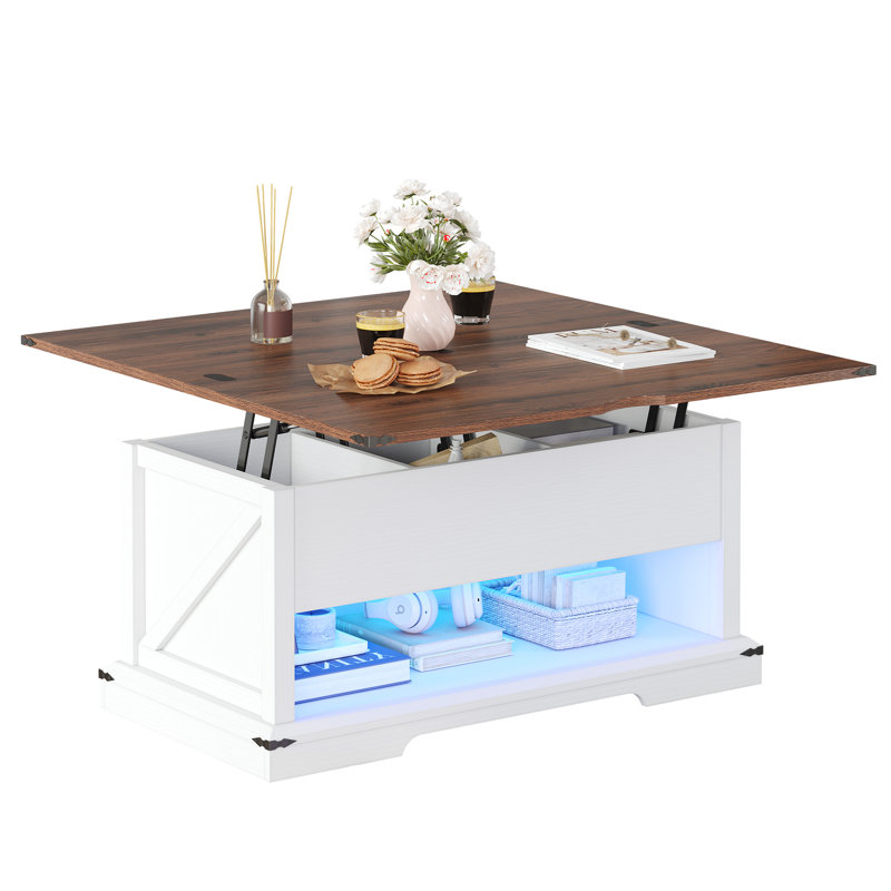 LED Farmhouse Lift Top Coffee Table, 3 In 1 Multi-Function With Hidden Compartment Storage